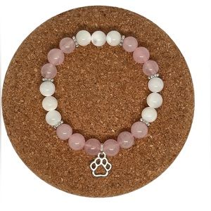 Hand crafted pink rose quartz and white mother of pearl shell bead bracelet